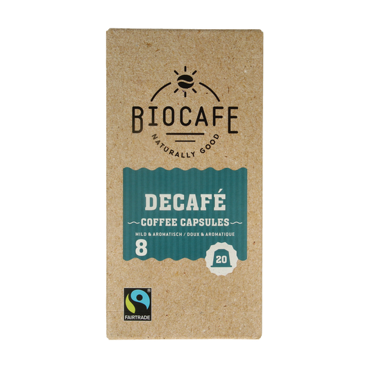 Biocafe Decafe coffee capsules in a box of 20, biodegradable coffee capsules for use with compatible coffee machines.