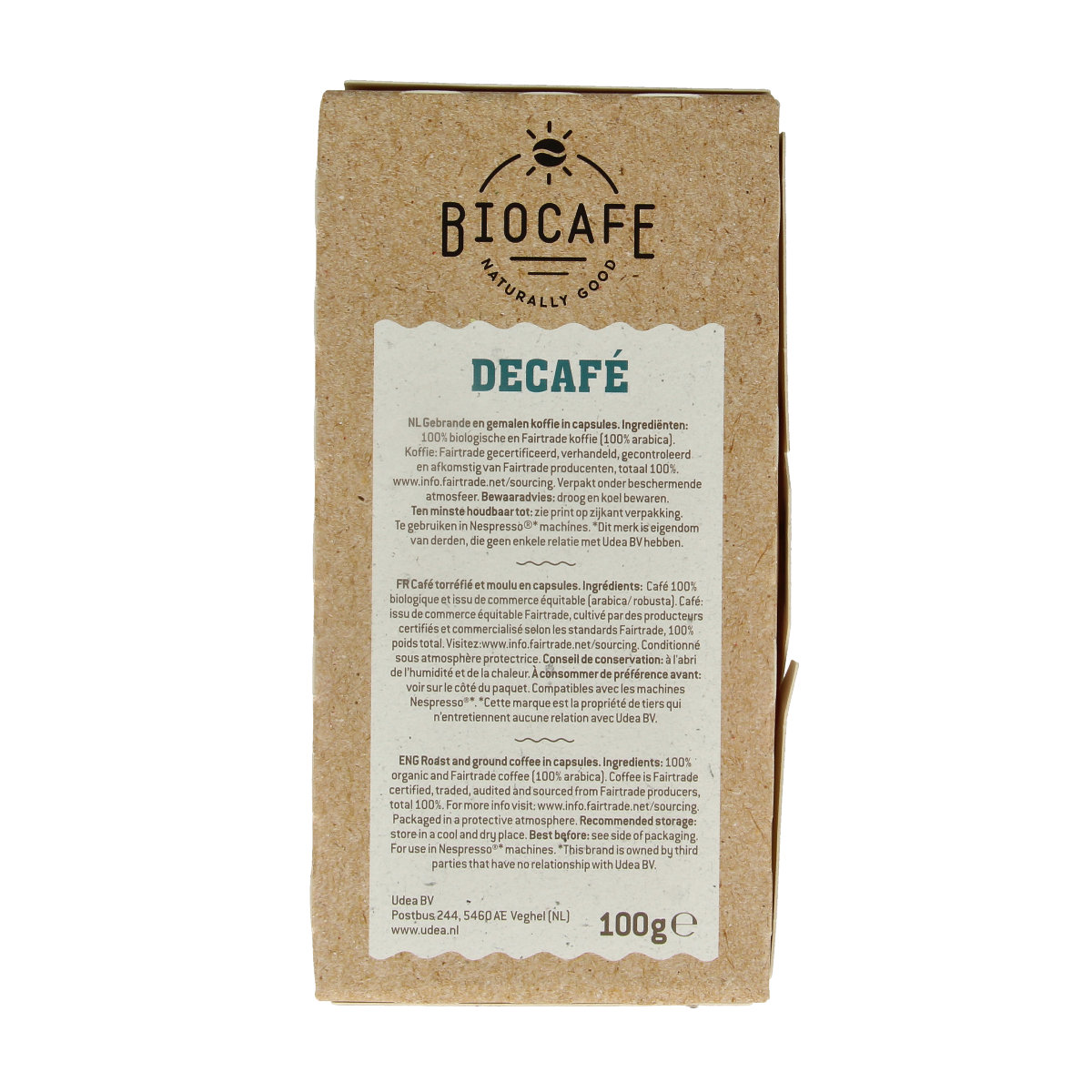 Biocafe decaffeinated coffee capsules, 20-pack, for coffee and tea, with the barcode 8711521971503 visible in the image.