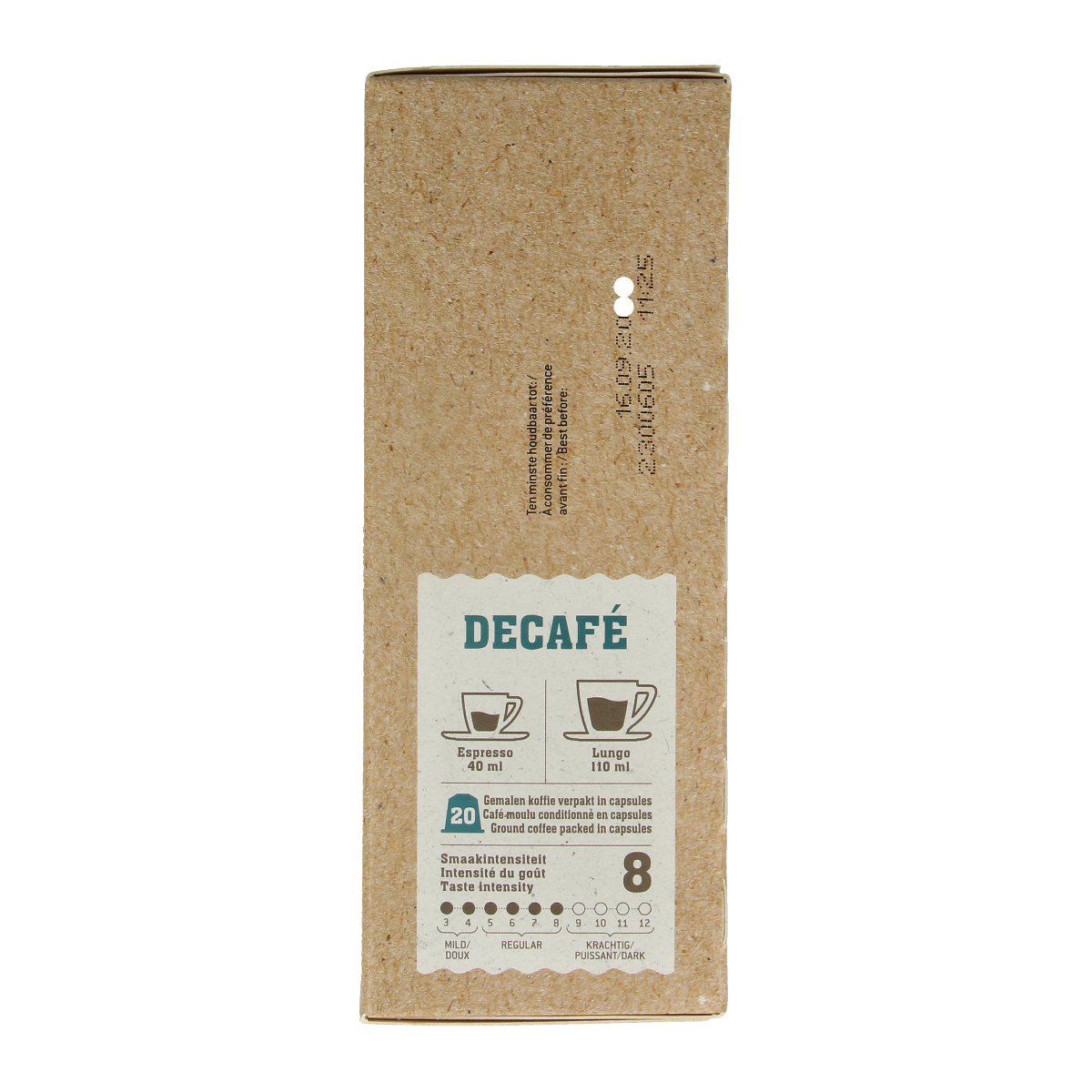 Biocafe Decafe coffee capsules, 20-count box, organic decaffeinated coffee in sleek capsules for coffee machines.