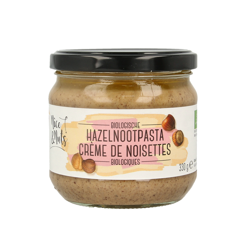 Organic Nice & Nuts hazelnut spread on bread, 330g jar, creamy hazelnut paste for breakfast or snacks.