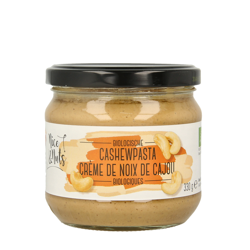 Nice & Nuts Cashewpasta bio broodbeleg spread in a jar, creamy and nutty, perfect for sandwiches or toast.