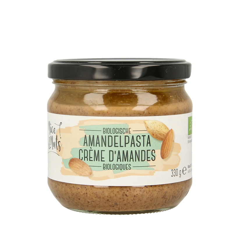 Organic almond paste spread from Nice & Nuts, 330g jar, creamy almond-based bread topping shown in the image.
