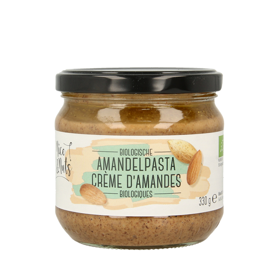 Organic almond paste spread from Nice & Nuts, 330g jar, creamy almond-based bread topping shown in the image.