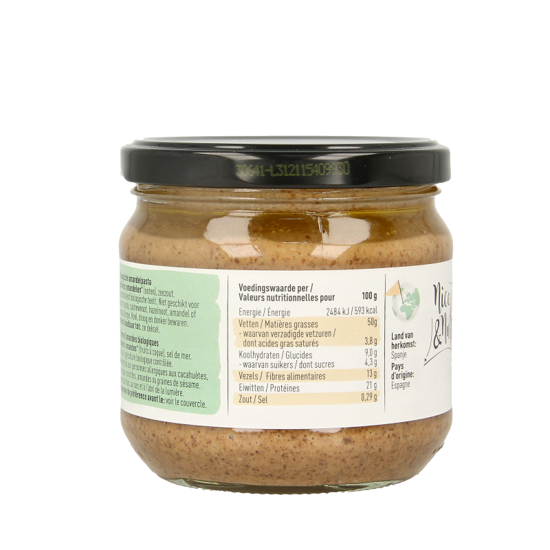 Organic almond paste spread by Nice & Nuts, 330 grams, shown on bread as a natural, nutty broodbeleg with almond texture.
