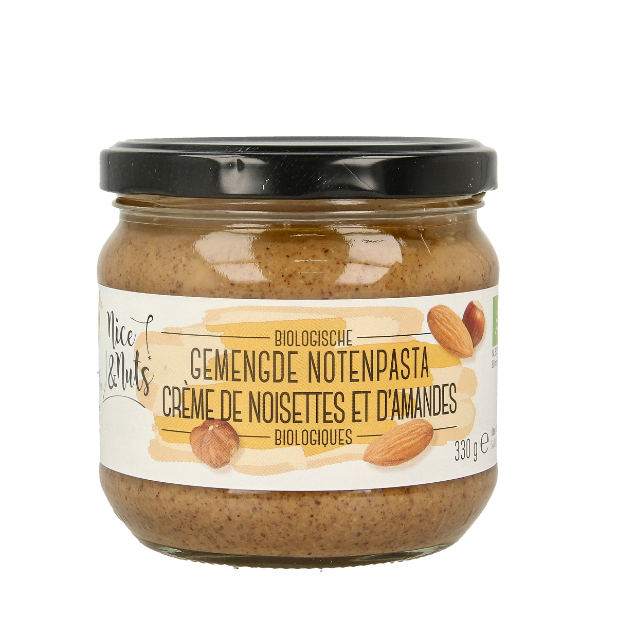 Assorted bio Nut & Noodles spread by Nice & Nuts on bread, showing a creamy, mixed nut topping in a jar.