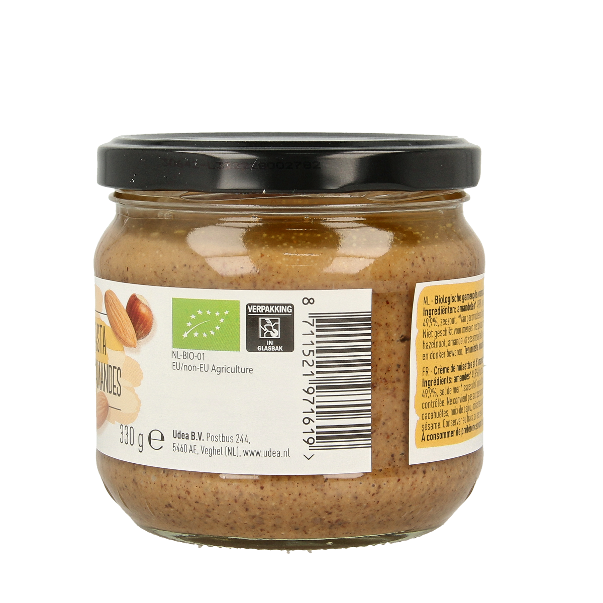 Nice & Nuts organic mixed nut spread for bread, 330 grams, shown as a jar with a nutty texture and label.