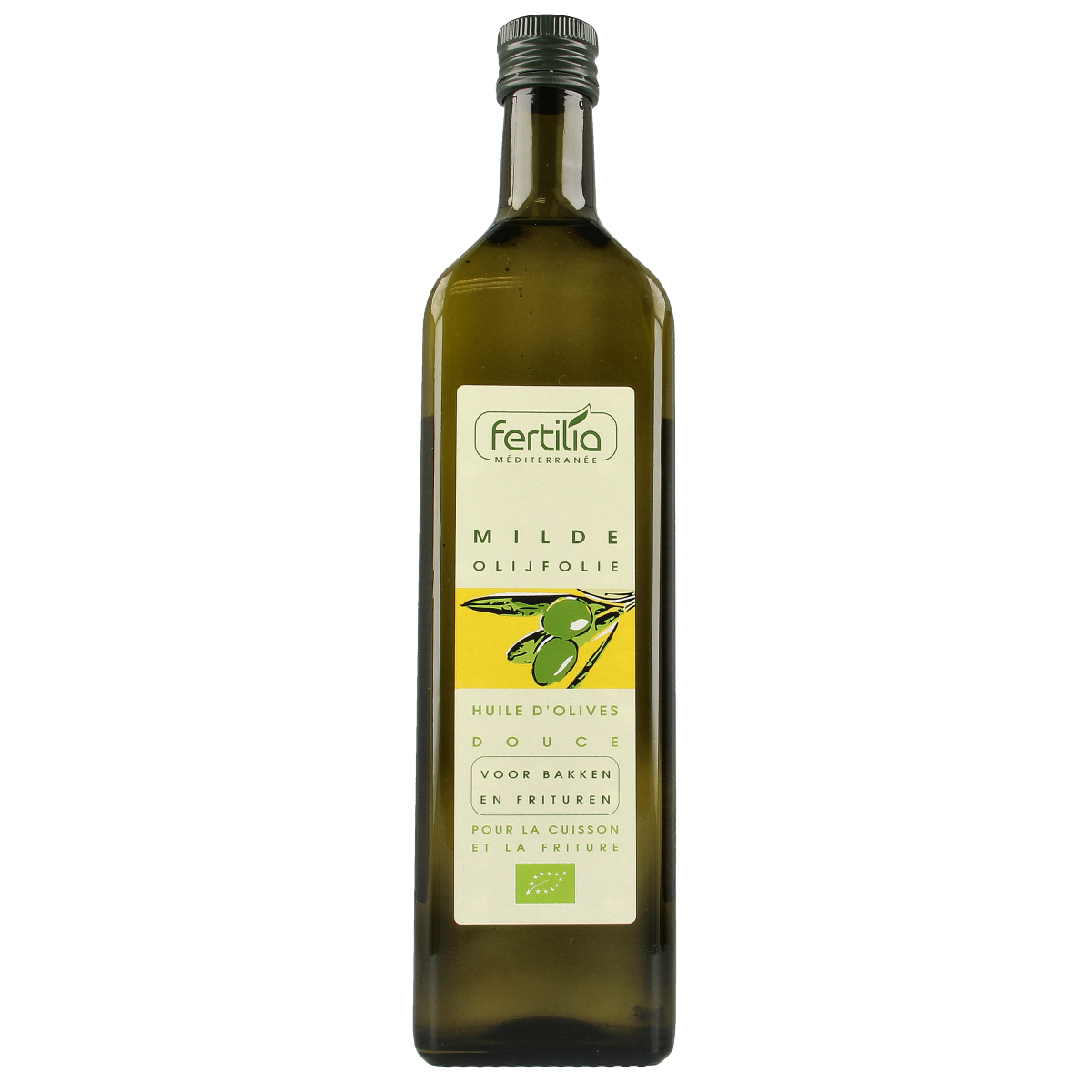 Fertilia organic mild olive oil for baking and frying, 1 liter, in a clear bottle with a green cap, suitable for cooking.