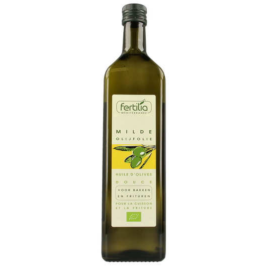 Fertilia organic mild olive oil for baking and frying, 1 liter, in a clear bottle with a green cap, suitable for cooking.