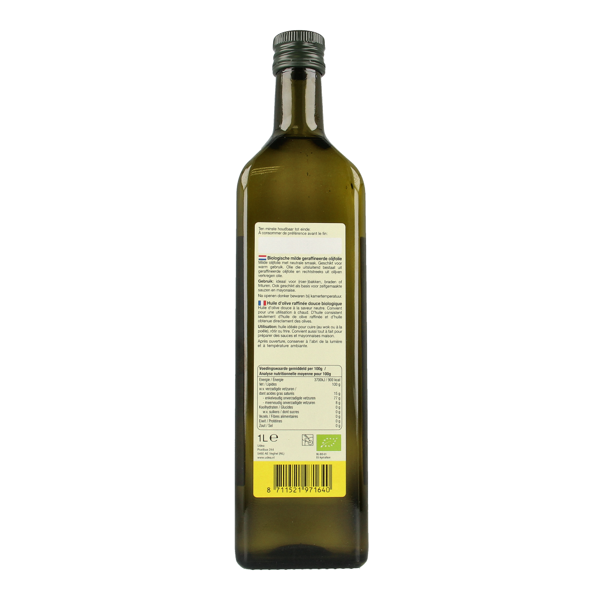 Fertilia mild organic olive oil for baking and frying in a 1-liter bottle, suitable for cooking and culinary uses.