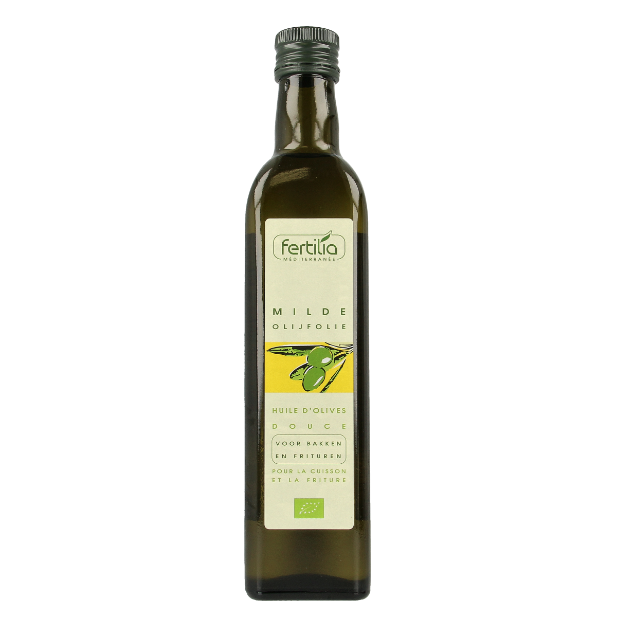 Fertilia mild bio olijfolie voor bakken en braden, 500ml, in een glazen fles met groene etiketten en gouden dop.