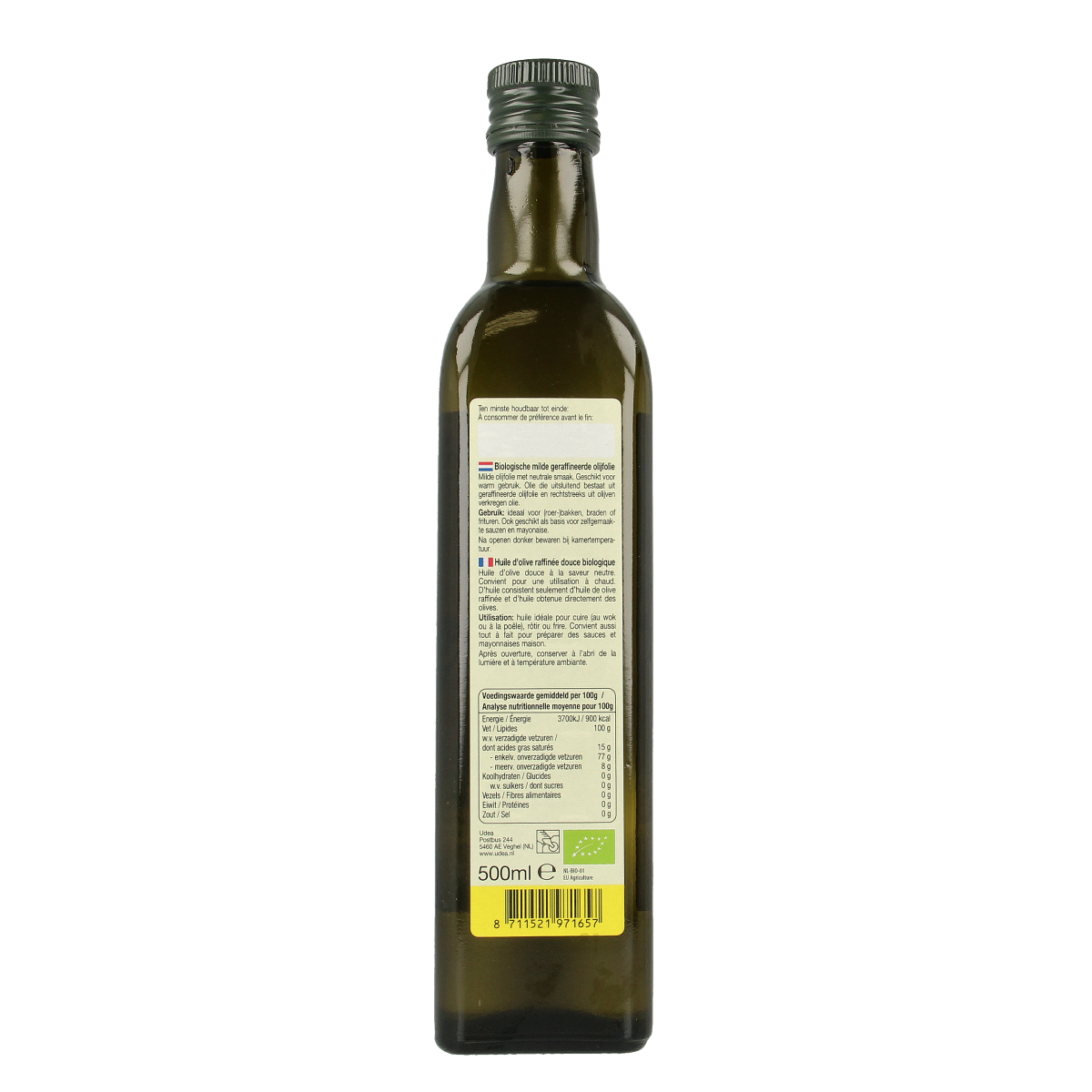 Fertilia bio olijfolie mild voor bakken en braden, 500ml, in een glazen fles, geschikt voor koken en bakken.