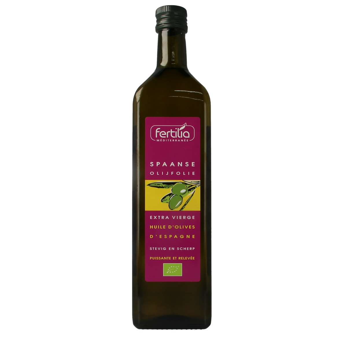 Organic Spanish Fertilia olive oil in a 1-liter bottle, ideal for cooking and salads, part of the oils and fats category.