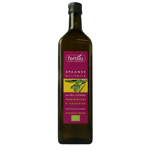 Organic Spanish Fertilia olive oil in a 1-liter bottle, ideal for cooking and salads, part of the oils and fats category.