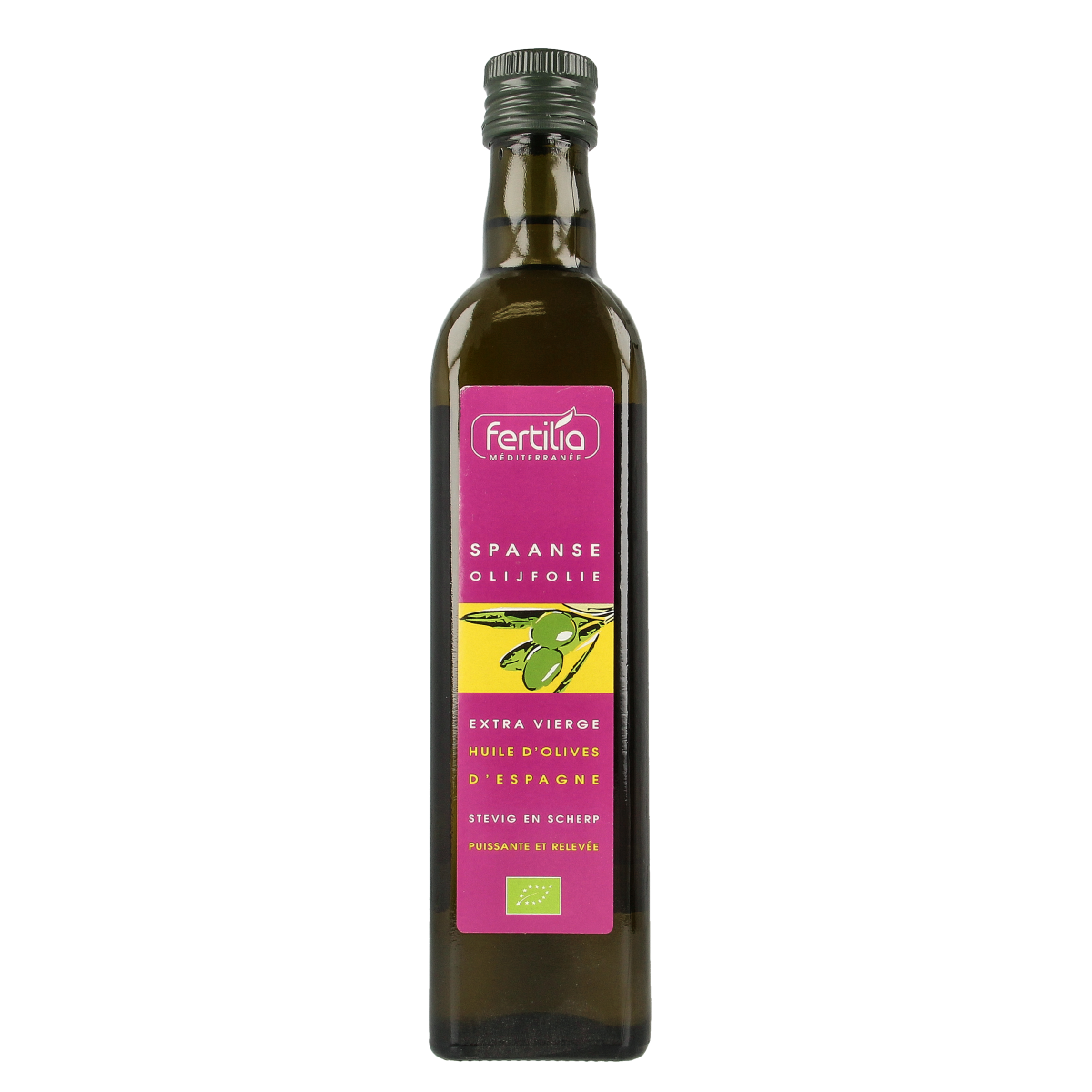 Organic Spanish Fertilia olive oil in a 500ml bottle, showcasing golden-green liquid in a clear glass container.
