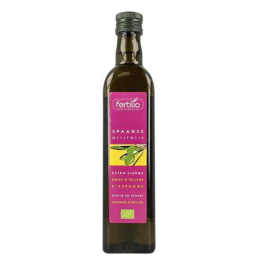 Organic Spanish Fertilia olive oil in a 500ml bottle, showcasing golden-green liquid in a clear glass container.