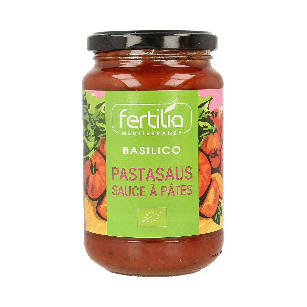 Fertilia organic basil pesto sauce in 350g jar, featuring fresh basil and herbs, ideal for pasta dishes and cooking.