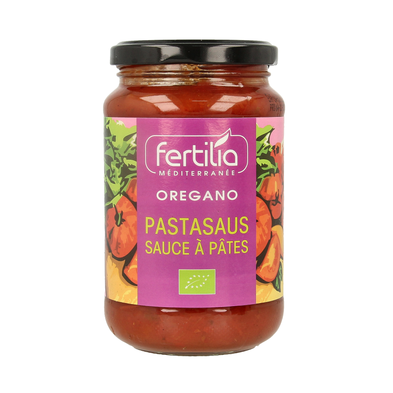 Fertilia Bio oregano pasta sauce in a 350g jar, showcasing fresh herbs and rich tomato sauce for flavorful dishes.