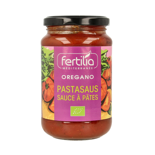 Fertilia Bio oregano pasta sauce in a 350g jar, showcasing fresh herbs and rich tomato sauce for flavorful dishes.