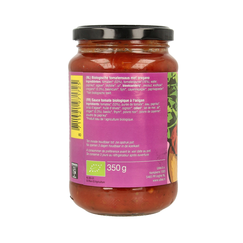 Organic Fertilia oregano pasta sauce in a 350g jar, featuring fresh oregano and rich tomato flavor in a savory sauce.