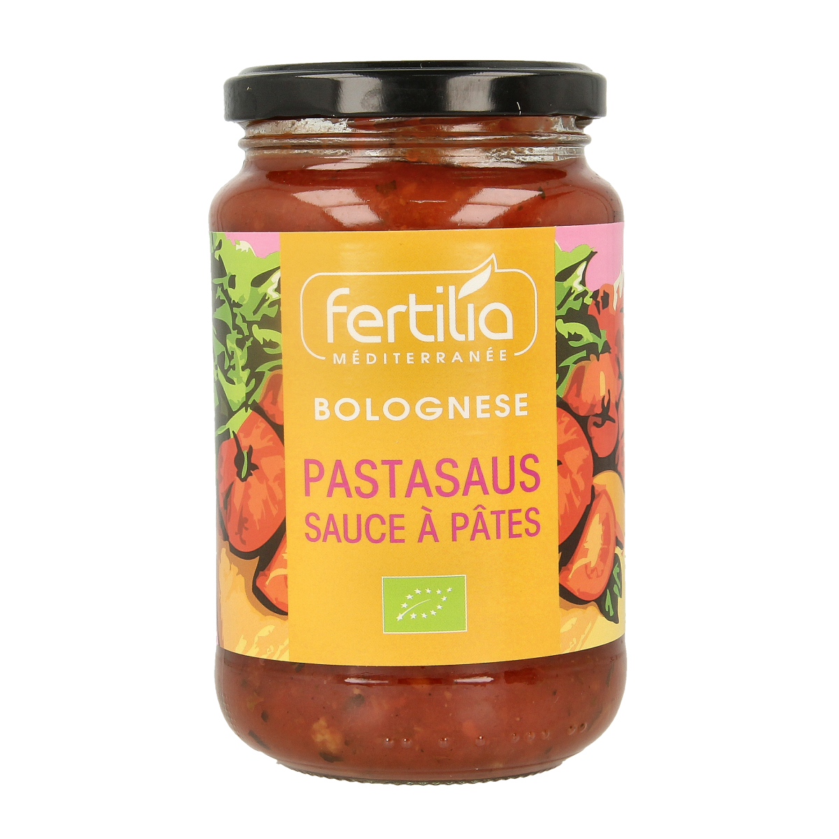 Fertilia Bio Bolognese Pasta Sauce in 350g jar, featuring rich tomato and beef flavor, ideal for pasta dishes.