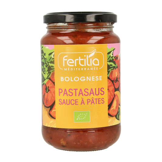 Fertilia Bio Bolognese Pasta Sauce in 350g jar, featuring rich tomato and beef flavor, ideal for pasta dishes.