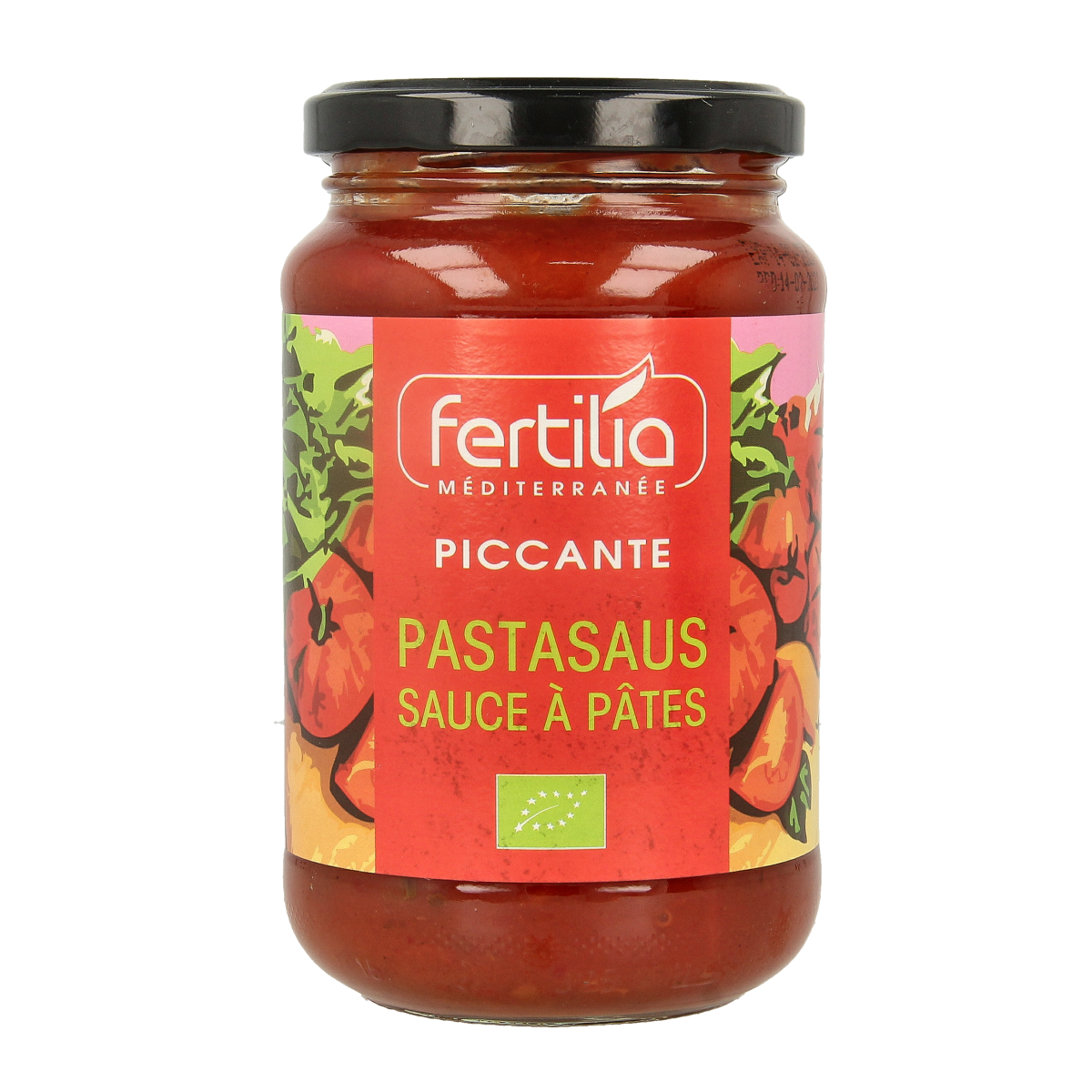 Organic Fertilia Piccante Pasta Sauce in 350g jar, spicy tomato sauce with herbs, for flavorful pasta dishes.