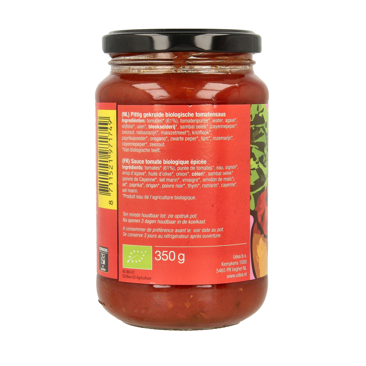 Fertilia bio piccante pasta sauce in 350g jar, spicy organic sauce for pasta dishes, with visible red chili flakes.