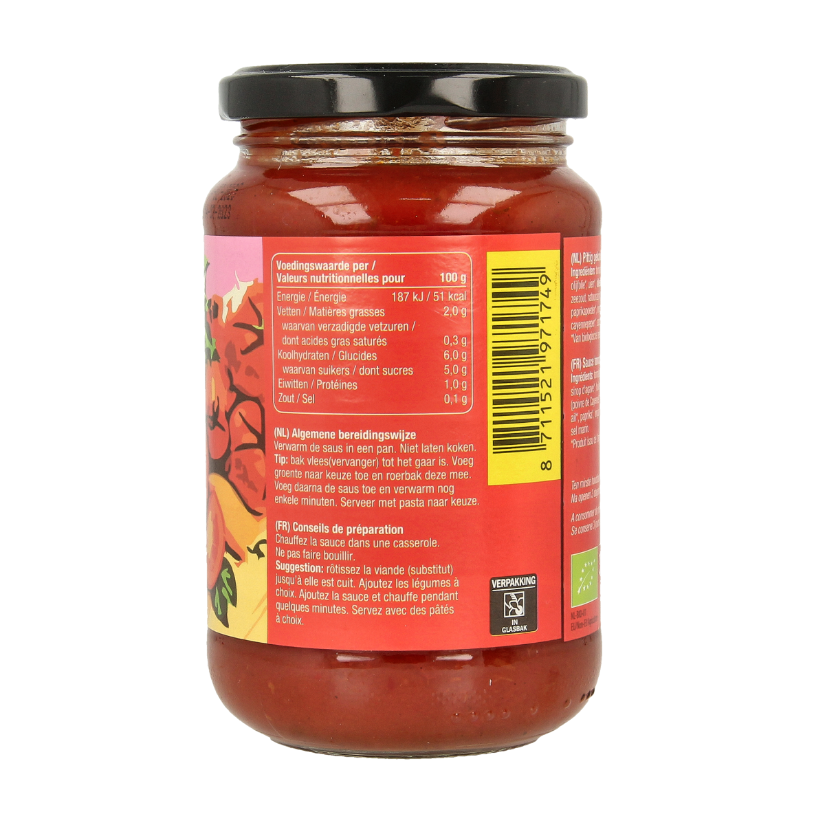 Organic Fertilia spicy pasta sauce in a 350g jar, with visible red chili peppers and rich tomato base.