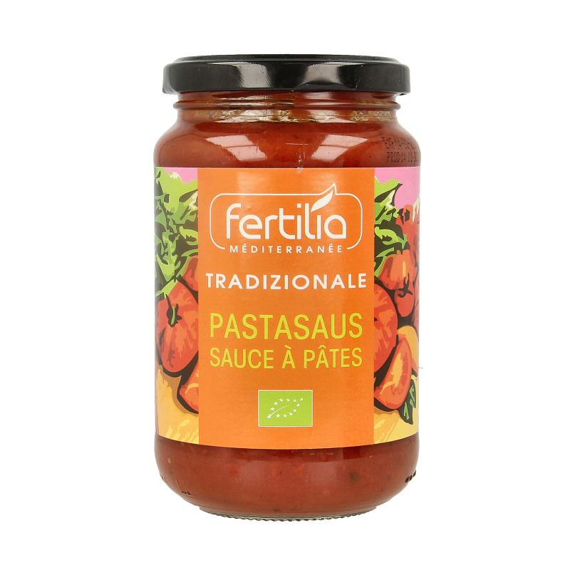 Organic Fertilia traditional pasta sauce in a 350g jar, featuring rich tomato and herb ingredients, perfect for pasta dishes.