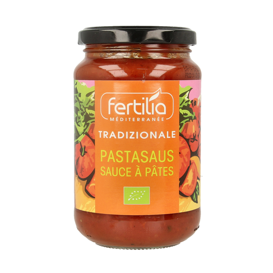 Organic Fertilia traditional pasta sauce in a 350g jar, featuring rich tomato and herb ingredients, perfect for pasta dishes.