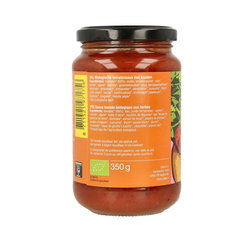 Organic Fertilia traditional pasta sauce in a 350g jar, showcasing a rich, red tomato-based sauce with herbs and spices.