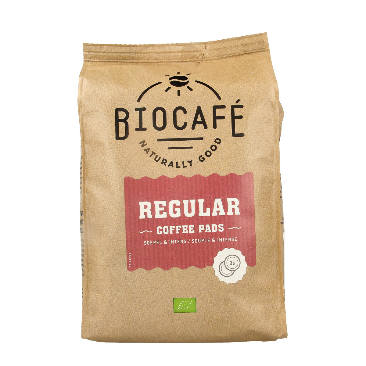 Biocafe organic coffee pads, regular blend, 36-pack, with coffee and tea product labeling visible in the image.