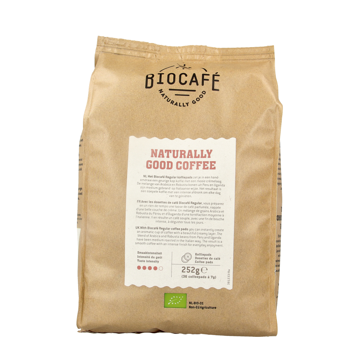 Biocafe regular organic coffee pads, 36-pack, for brewing coffee, featuring Biocafe branding and packaging details.