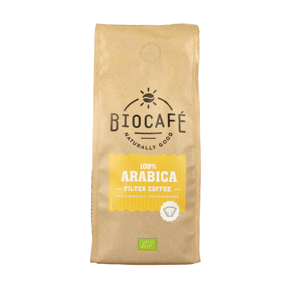 Biocafe organic 100% Arabica filter coffee in 250g bag, featuring fresh roasted coffee beans with a rich aroma.