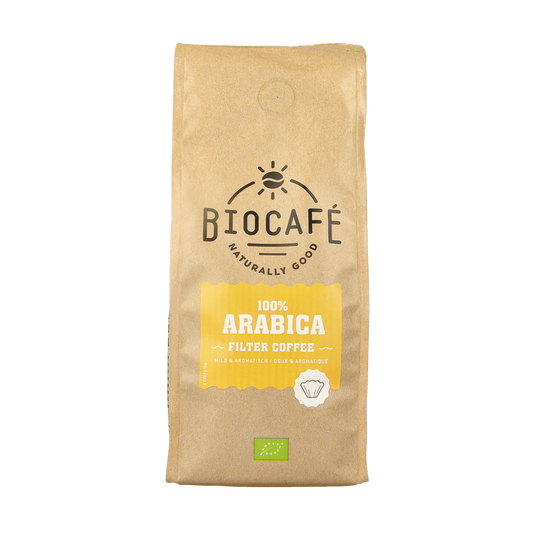 Biocafe organic 100% Arabica filter coffee in 250g bag, featuring fresh roasted coffee beans with a rich aroma.