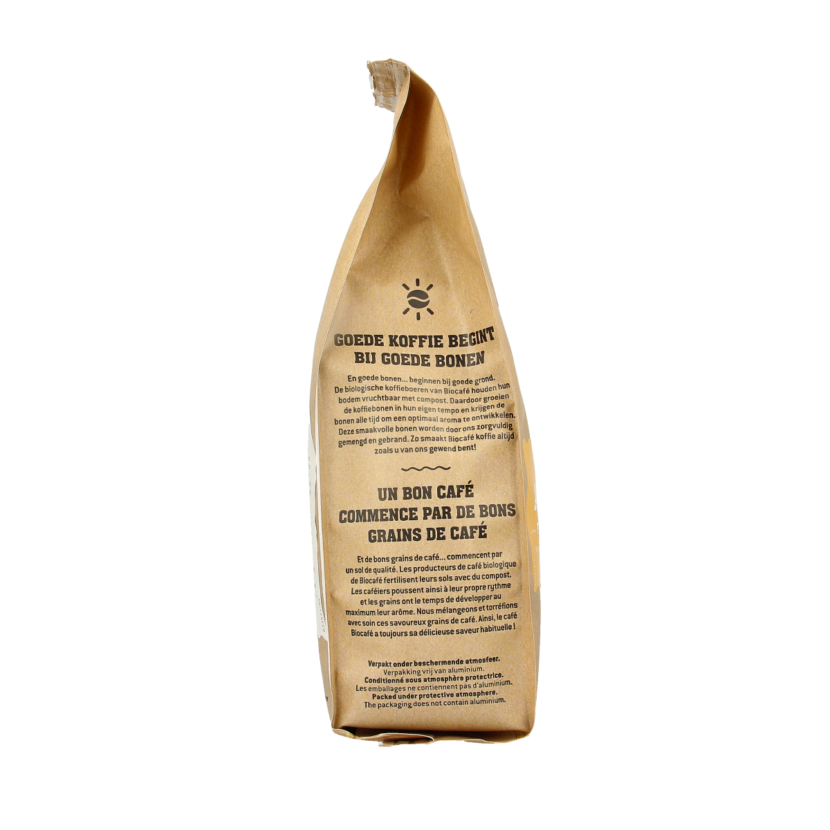 Biocafe 100% Arabica organic filter coffee in 250g pack, showing fresh coffee beans and packaging.