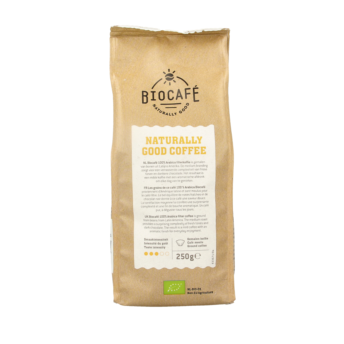 Biocafe 100% Arabica organic filter coffee in 250g package, showcasing fresh coffee beans for brewing.