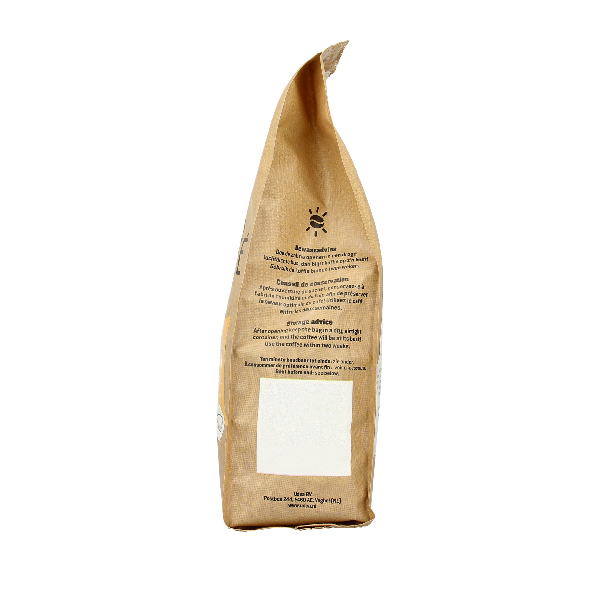 Biocafe organic 100% Arabica coffee filter pack, 250g, showing fresh coffee beans and packaging.