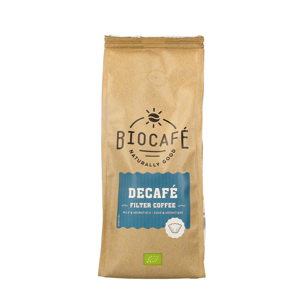 Biocafe decaf organic filter coffee in 250g package, caffeine-free coffee and tea product with ground coffee visible in the image.