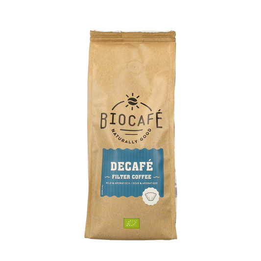 Biocafe decaf organic filter coffee in 250g package, caffeine-free coffee and tea product with ground coffee visible in the image.