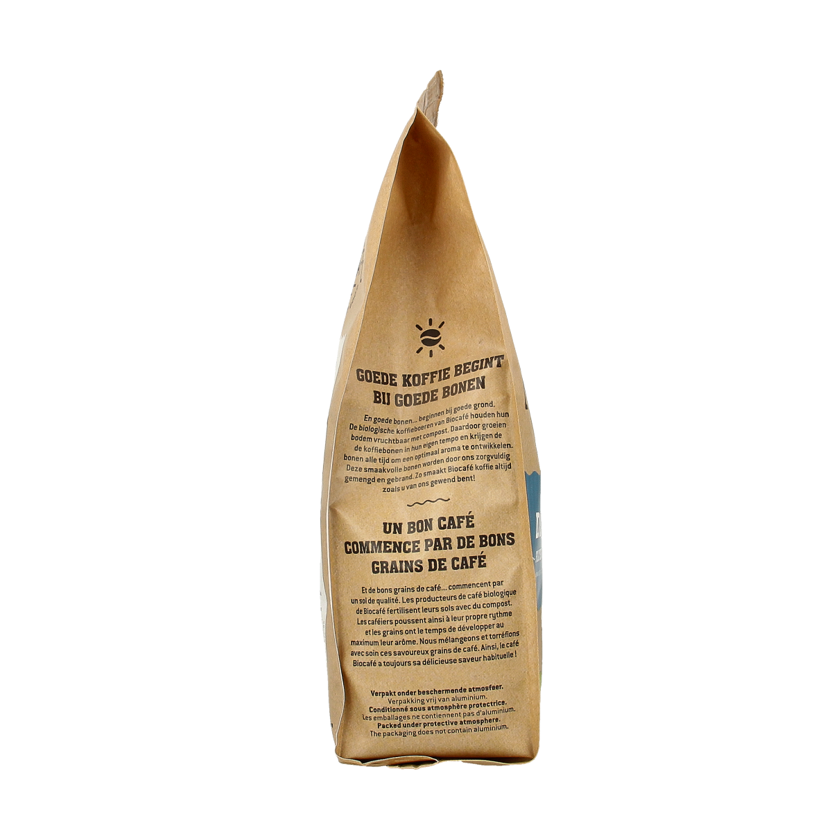 Biocafe decaf organic filter coffee 250g, caffeine-free coffee beans in a resealable bag, suitable for brewing.