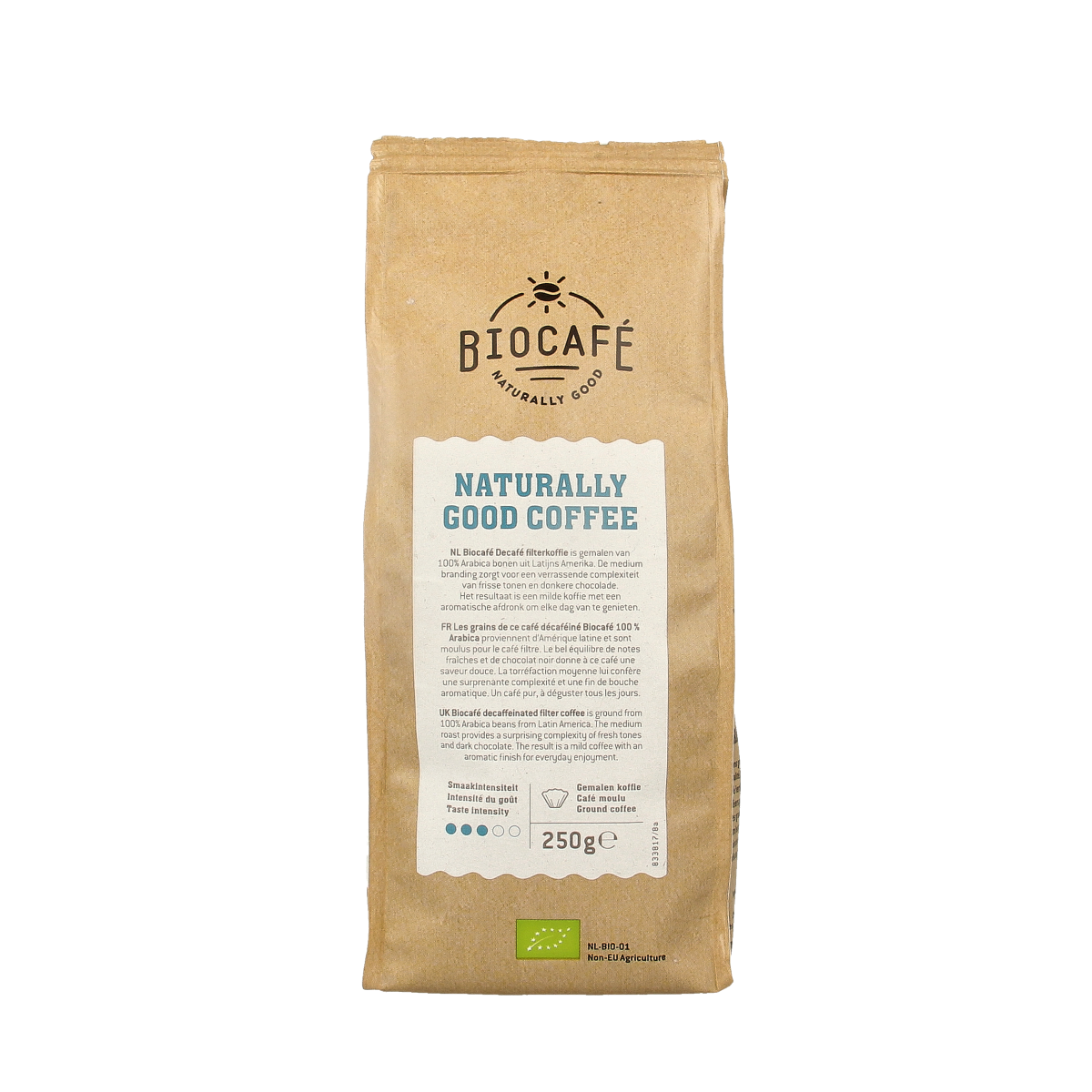 Biocafe decaf organic filter coffee 250g bag, caffeine-free coffee beans for brewing and fresh coffee aroma.