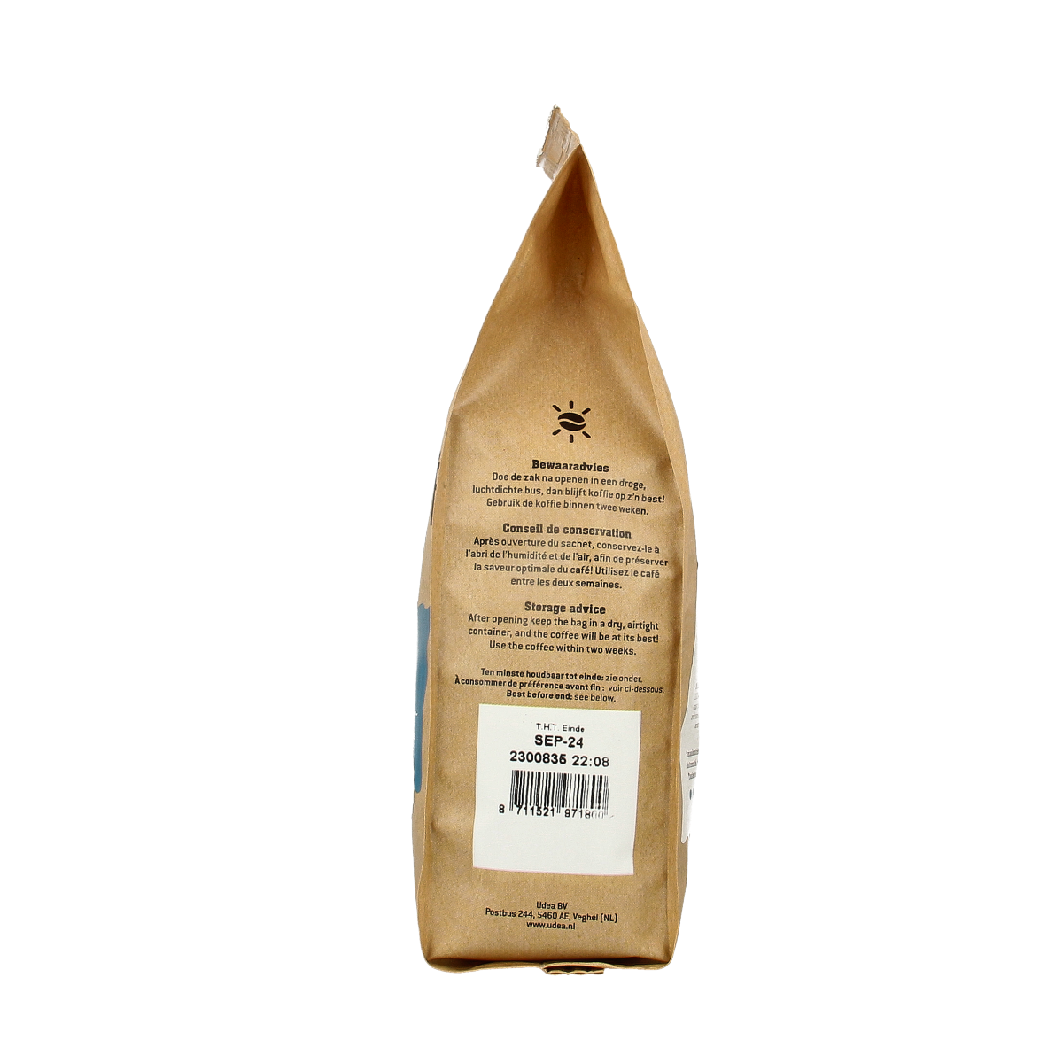 Biocafe decaf organic coffee in 250g package, caffeine-free filter coffee with rich aroma and fresh beans.