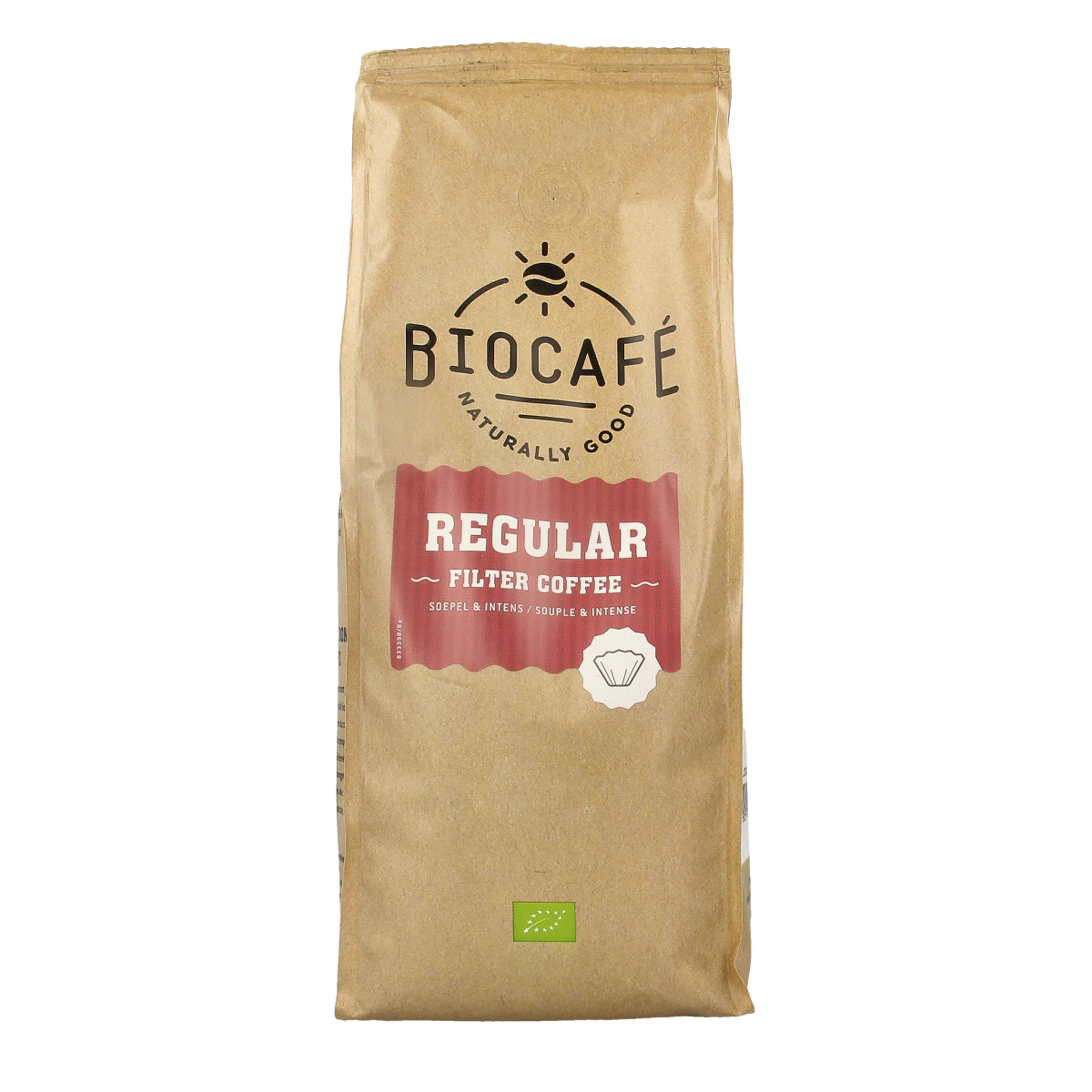 Biocafe bio filter coffee 500g, ground coffee for brewing, showcasing the packaging and coffee grounds.