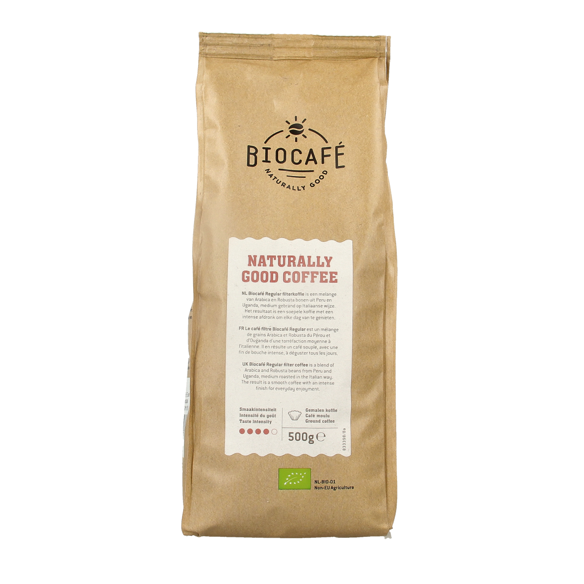 Biocafe bio filter coffee pack, 500g, showing fresh ground coffee beans in a natural, eco-friendly package.