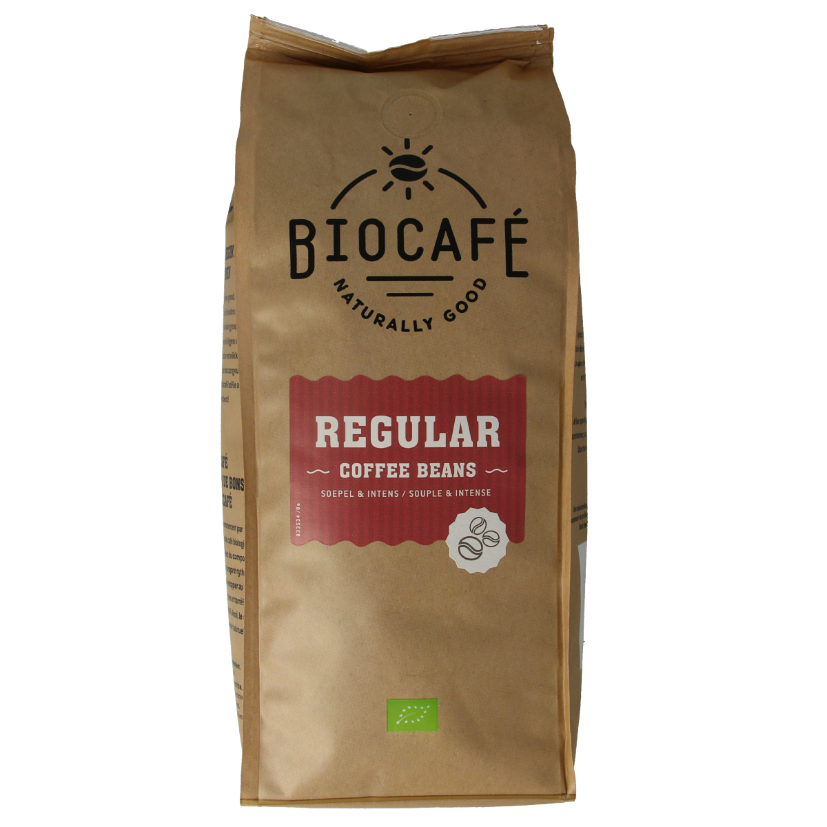 Biocafe bio coffee beans 500g bag, regular roast, whole coffee beans for brewing and fresh coffee flavor.