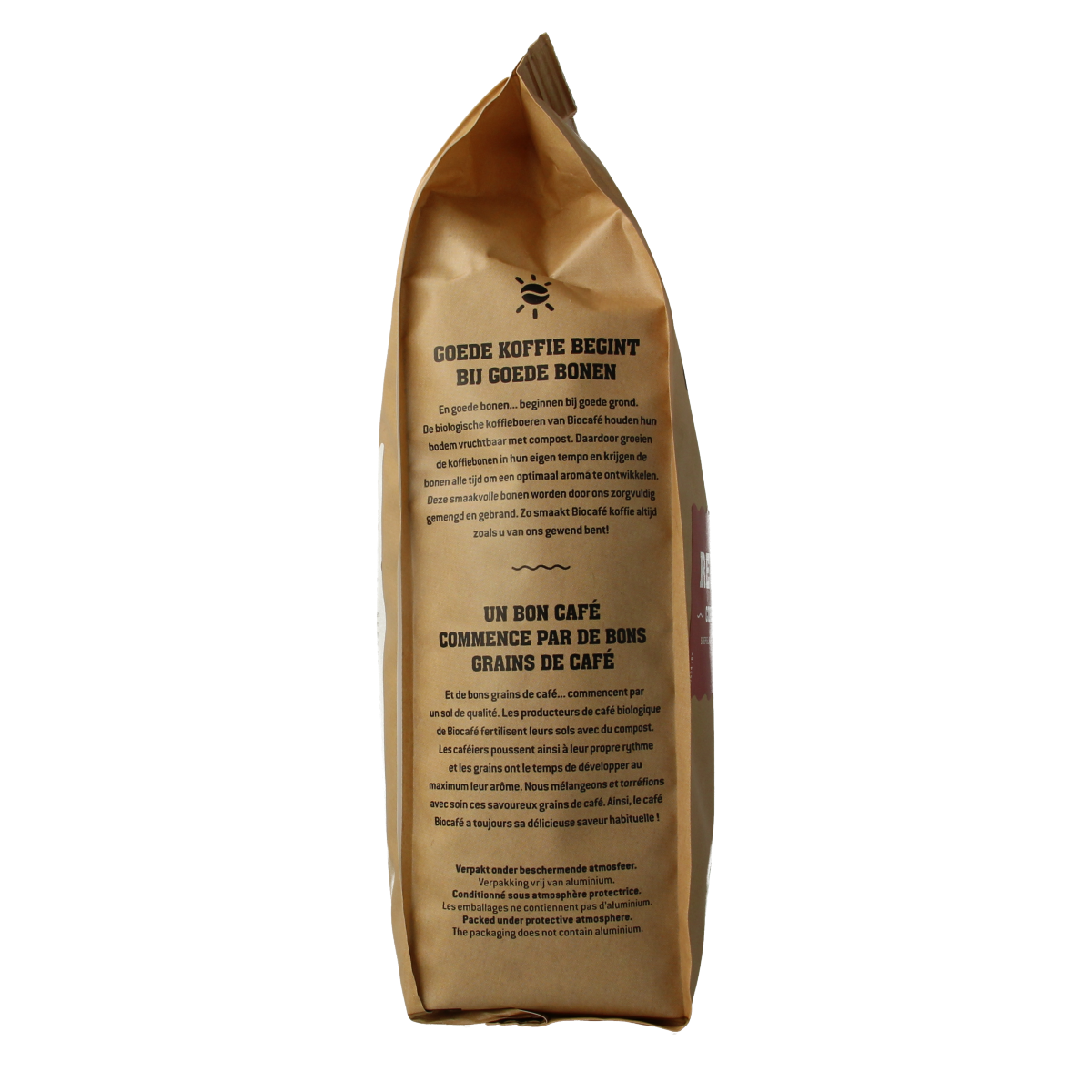 Organic Biocafe coffee beans in a 500g bag, showcasing fresh, whole coffee beans suitable for brewing.