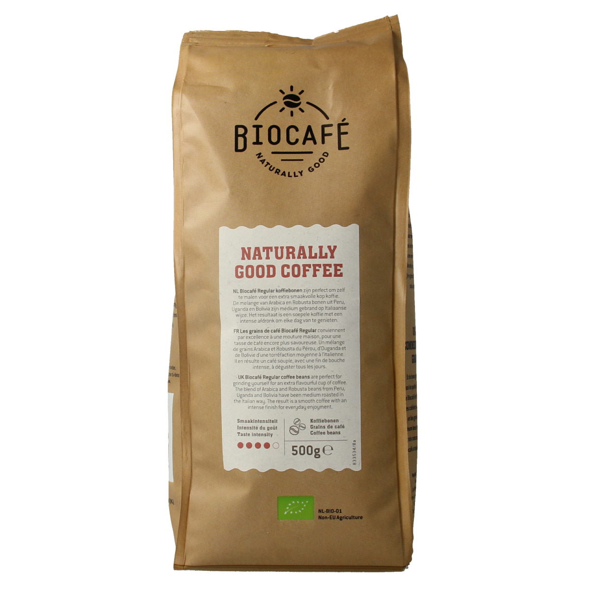 Organic Biocafe coffee beans in a 500g bag, fresh and aromatic, perfect for brewing rich, flavorful coffee.