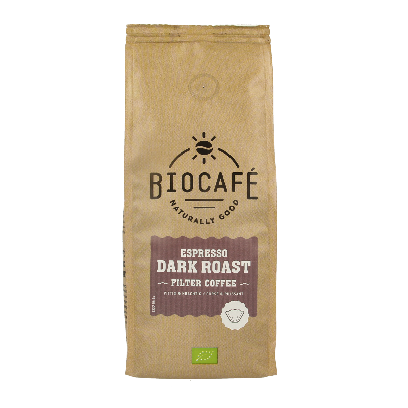 Biocafe dark roast organic espresso filter coffee in a 250g package, showing fresh coffee beans and packaging label.