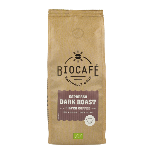 Biocafe dark roast organic espresso filter coffee in a 250g package, showing fresh coffee beans and packaging label.
